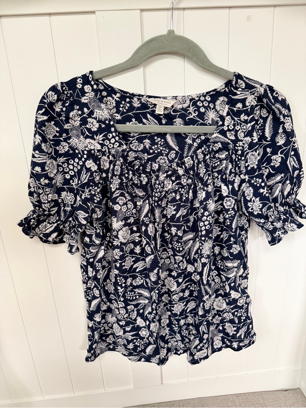 Lucky Brand Navy and White Floral Peasant Style Blouse